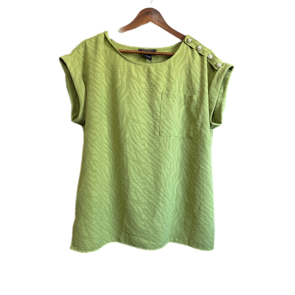 NYCC Zebra Print Blouse Women L Lime Green Excellent Pearl Shoulder Accent Top